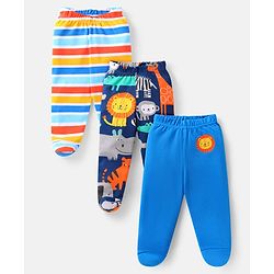 Babyhug Interlock Knit Bootie Leggings With Stripes & Animal Print Pack Of 3 -Blue & Navy Blue