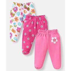 Babyhug Interlock Knit Footed Leggings with Floral Print Pack of 3 - White & Pink