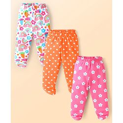 Babyhug Interlock Knit Bootie Leggings with Hearts & Floral Print Pack of 3 - White Orange & Pink