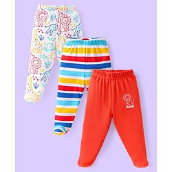 Babyhug Cotton Knit Full Length Bottie Leggings with Strips & Animal Print Pack of 3 - Red White & Light Blue