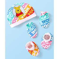 Babyhug Disney Interlock Knit Caps Mitten & Booties Set with Winnie the Pooh Graphics White - Diameter 10 cm