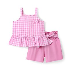 Babyhug Cotton Woven Sleeveless Checks Top & Shorts Set With Bow Applique - Pink