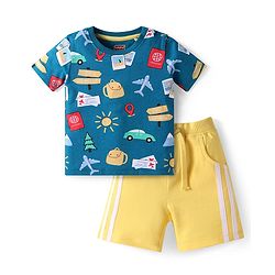 Babyhug Single Jersey Knit Half Sleeves T-Shirt & Shorts Set With Vehicle Print - Blue & Yellow