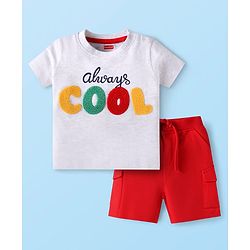 Babyhug Single Jersey Knit Half Sleeves T-Shirt & Shorts Set with Text Print & Embroidery - Red & White