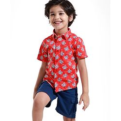 Babyhug Single Jersey Knit Half Sleeves T-Shirt & Checks Shorts Set With Car Embroidery - Red & Blue main image 0