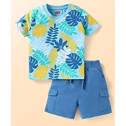 Babyhug Single Jersey Knit Half Sleeves T-Shirt & Shorts Set with Tropical Theme Print - Blue