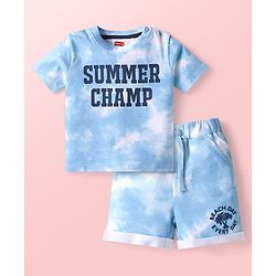 Babyhug Single Jersey Knit Half Sleeves T-Shirt & Shorts Set With Tie & Dye & Text Print - Light Blue