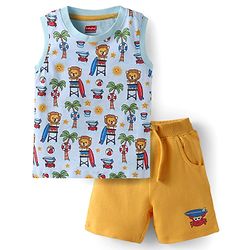 Babyhug Single Jersey Knit Sleeveless T-Shirt and Short Set with Animal Print- Light Blue & Yellow