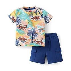 Babyhug Single Jersey Knit Half Sleeves T-Shirt & Shorts Set With Tiger Print - Blue