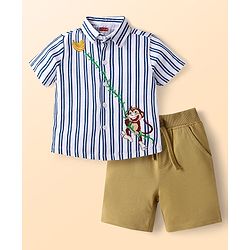 Babyhug Single Jersey Knit Half Sleeves Shirt & Shorts Set with Stripes & Monkey Print - Blue