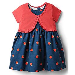 Babyhug Cotton Woven Half Sleeves Shrug & Frock with Fruit Print & Frill Detailing - Navy Blue & Red