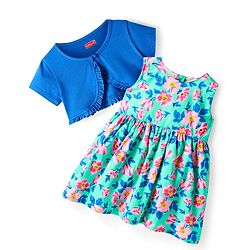 Babyhug Cotton Woven Frock & Half Sleeves Shrug With Floral Print - Sea Green