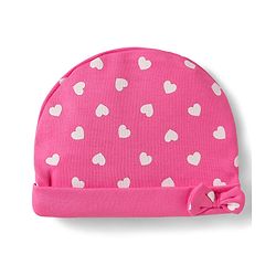 Babyhug 100% Cotton Knit Cap With Heart Print & Bow Applique - Pink