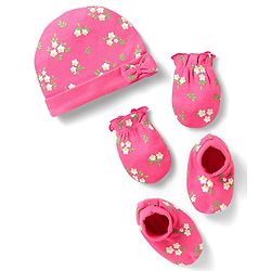 Babyhug 100% Cotton Interlock Knit Cap Mittens & Booties With Floral Print - Pink