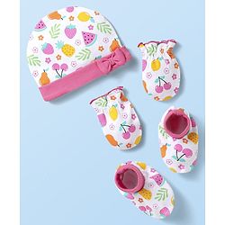 Babyhug 100% Cotton Knit Cap Mittens & Booties With Floral & Fruit Print & Bow Applique White - Diameter 10 Cm