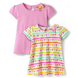 Babyhug Single Jersey Knit Half Sleeves Frock With Floral Print & Bow Applique Pack Of 2 - Pink & Yellow