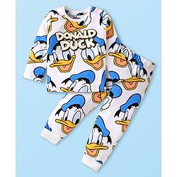 Babyhug Disney Single Jersey Knit Full Sleeves Night Suit With Donald Duck Print - White
