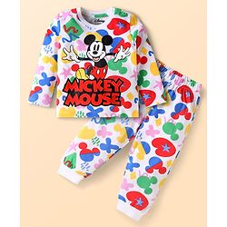 Babyhug Disney Single Jersey Knit Full Sleeves Night Suit With Mickey Mouse Print - White Red