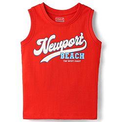 Babyhug Cotton Knit Sleeveless Tank T-Shirt With Newport Beach Text Print - Red