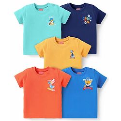 Babyhug Cotton Knit Half Sleeves T-Shirts With Animal Print Pack Of 5 - Navy Blue & Orange
