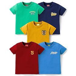 Babyhug Cotton Knit Half Sleeves T-Shirts with Nyc Text Print Pack of 5 - Navy Blue & Dark Red