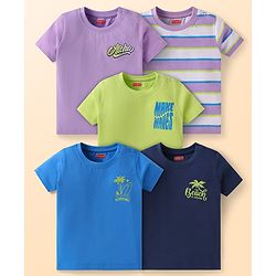 Babyhug Cotton Knit Half Sleeves T- Shirts With Stripes & The Beach Calling Text Print Pack Of 5 - Lilac Navy Blue & Green