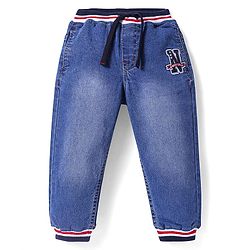 Babyhug Full Length Washed Denim Joggers With Stretch & Patch Detailing - Black