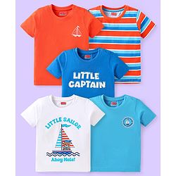 Babyhug Cotton Knit Half Sleeves T-Shirts with Nautical Theme Print & Stripes Pack of 5 - Multicolor