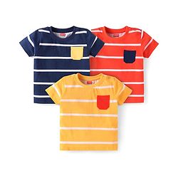 Babyhug Cotton Knit Half Sleeves T-Shirts With Stripes Pack of 3 - Orange Yellow & Navy Blue