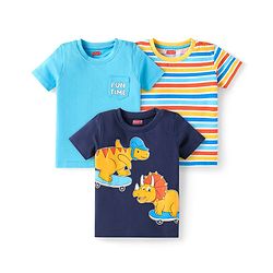 Babyhug Cotton Knit Half Sleeves T-Shirt with Stripes & Animal Print Pack Of 3 - Light Blue & Navy Blue