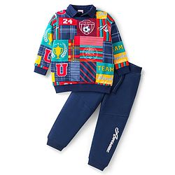 Babyhug Terry Knit Full Sleeves T-Shirt & Lounge Pants Set with Sports Theme Print - Navy Blue