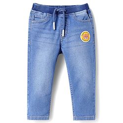 Babyhug Full Length Washed Denim Jeans With Teddy Bear Patch & Stretch - Blue