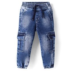 Babyhug Cotton Denim Full Length Washed Joggers With Stretch & Cargo Pockets - Blue