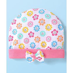 Babyhug 100% Cotton Knit Cap with Bow Applique & Floral Smiley Print White - Diameter 15 cm