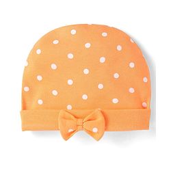 Babyhug 100% Cotton Knit Cap with Bow Applique & Polka Dots Print Orange - Diameter 15 cm
