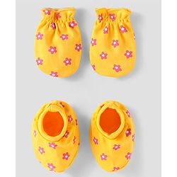 Babyhug 100% Cotton Knit Mittens & Booties with Floral Print - Yellow