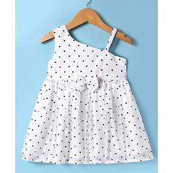 Babyhug Woven Sleeveless Party Dress With Heart Print & Bow Applique - White