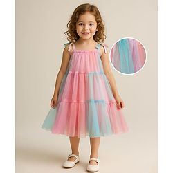 Babyhug Woven Sleeveless Mesh Tiered Party Dress - Multicolor