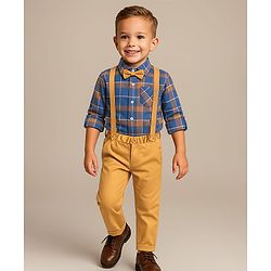 Babyhug Cotton Woven Full Sleeves Checkered Shirts and Trousers Set With Attached Bow & Suspender - Blue & Yellow