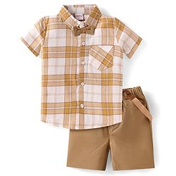 Babyhug Cotton Woven Half Sleeves Checkered Shirt & Shorts Set with Suspender & Bow Applique - Light Brown