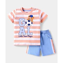 Babyhug Single Jersey Knit Half Sleeves Striped T-Shirt & Shorts Set with Text Print & Tape Detailing - Pink & Blue