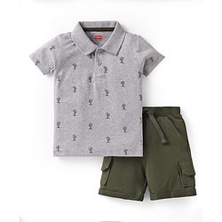 Babyhug Single Jersey Knit Half Sleeves Polo T-Shirt & Shorts Set with Cactus Print - Green