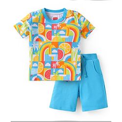 Babyhug Single Jersey Knit Half Sleeves T-Shirt & Shorts Set with Tropical Theme Print - Light Blue