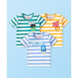 Babyhug Marvel Single Jersey Knit Half Sleeves T-Shirts with Stripes & Avengers Graphics Pack of 3 - Yellow Blue & Green
