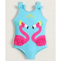 Babyhug Sleeveless V Cut Swimsuit Flamingo Print and Bow Detailing - Blue