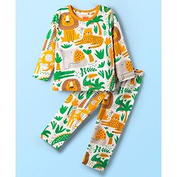 Babyhug Cotton Knit Full Sleeves Co-Ord Night Suit With Animal Print - Light Blue