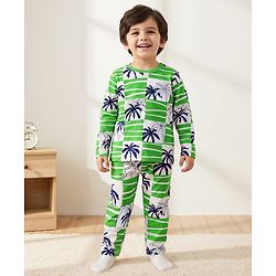 Babyhug Cotton Knit Full Sleeves Night Suit with Coconut Tree Print - Green & White