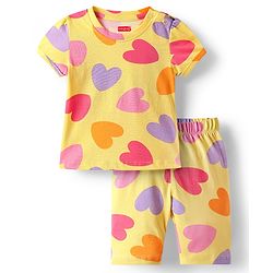 Babyhug Cotton Knit Half Sleeves Capri Night Suit Hearts Print - Light Yellow