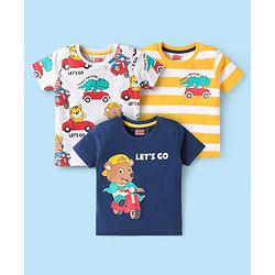Babyhug Cotton Knit Half Sleeves T-Shirts with Animal Print & Stripes Pack of 3 - Navy Blue White & Yellow
