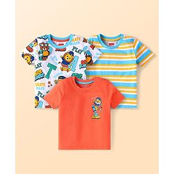 Babyhug Cotton Knit Half Sleeves T-Shirts with Stripes & Animal Print Pack of 3 - White & Orange
